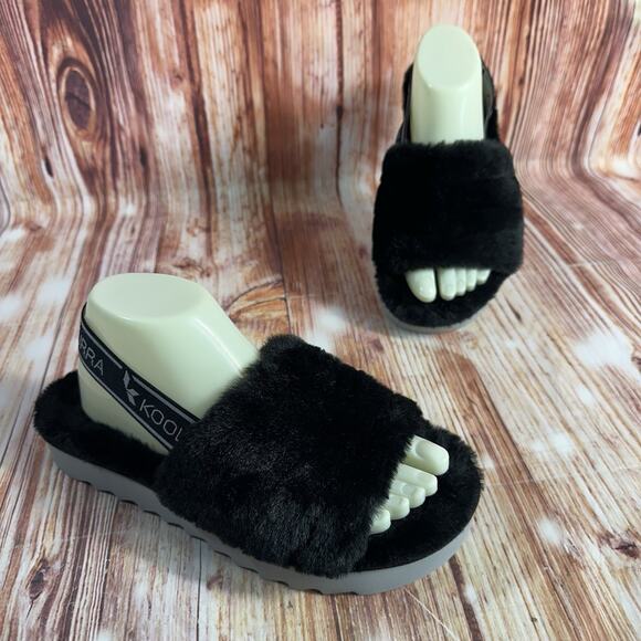 Koolaburra Shoes - UGG Koolaburra FUZZ 'N II Size 8 Black Faux Fur Slingback Sandals Slipper Shoes